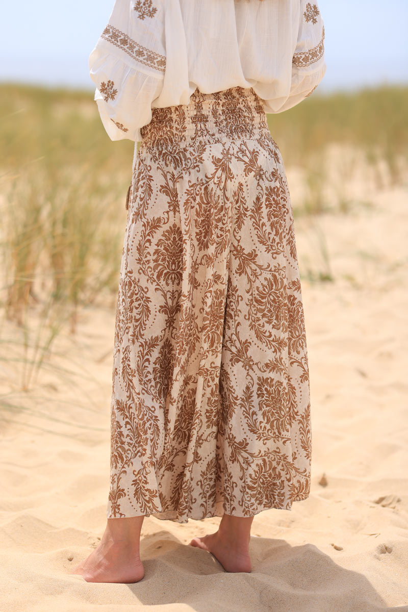 Floaty wide leg culottes with camel paisley and lys print