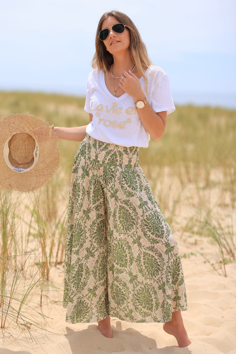 Floaty wide leg culottes with khaki paisley and lys print