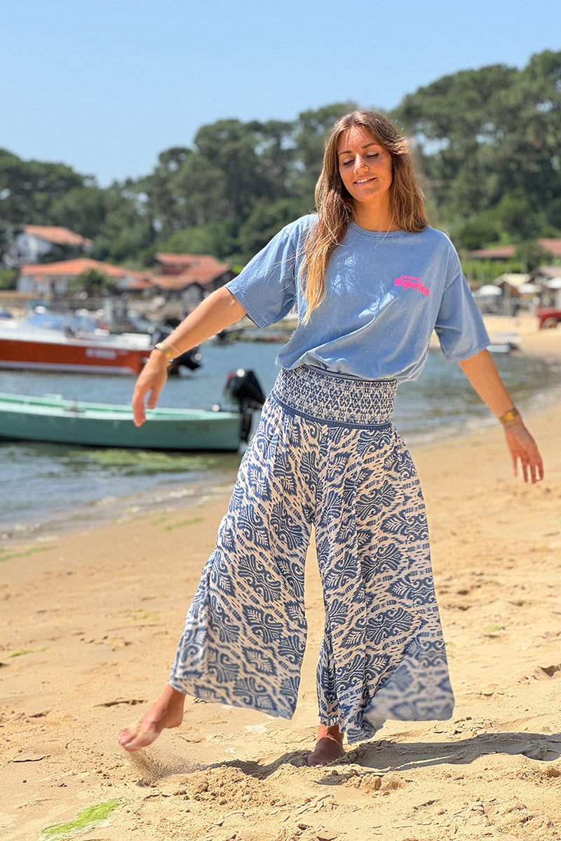 Blue Batik Scroll Wide-Leg Pants