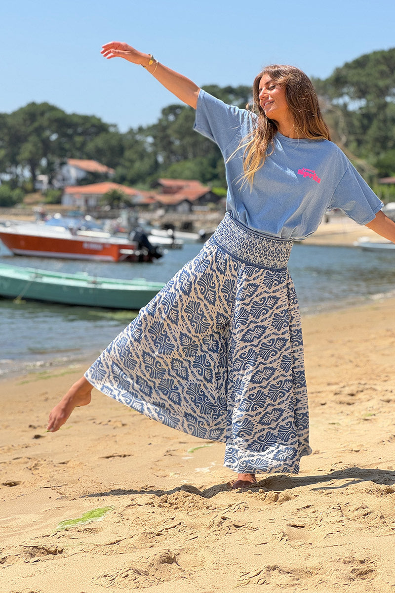 Blue Batik Scroll Wide-Leg Pants