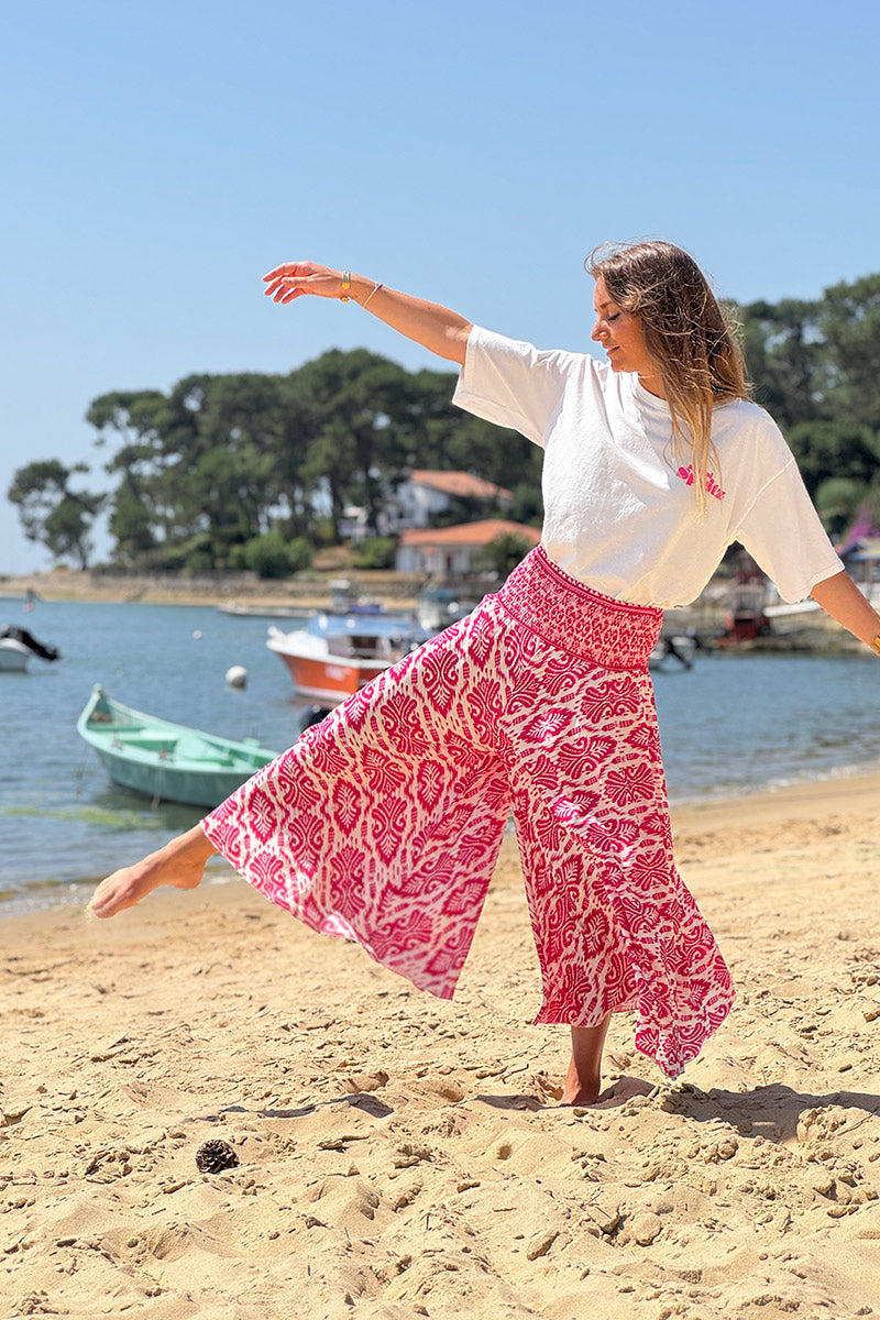 Jupe culotte fluide imprimé oriental fuchsia ceinture smockée