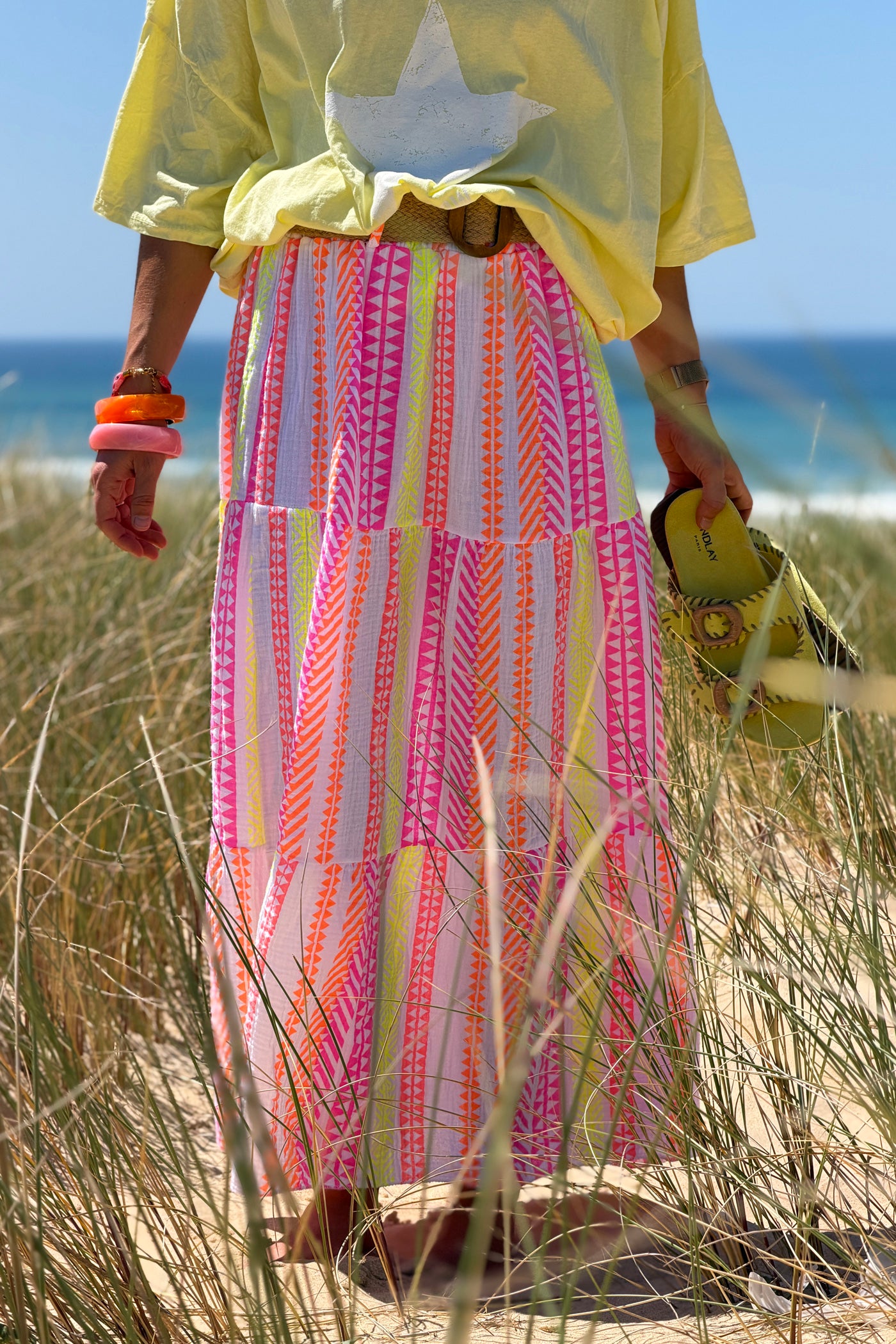White Gauze Neon Patterned Tiered Skirt with Woven Belt