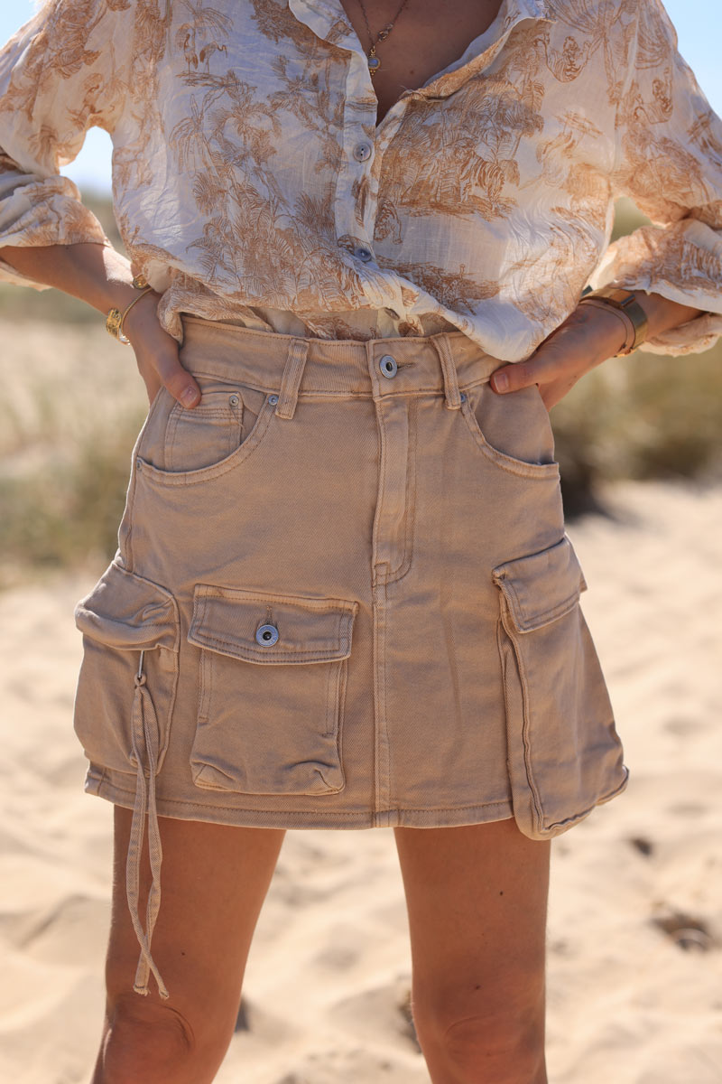 Ice brown cargo denim skirt with zipper