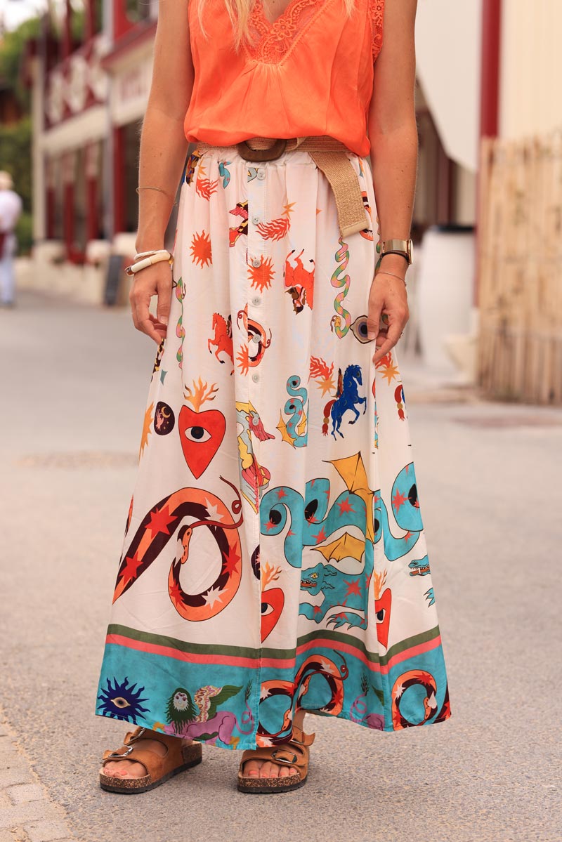 Off white floaty skirt with slit and colorful symbols zodiac signs print