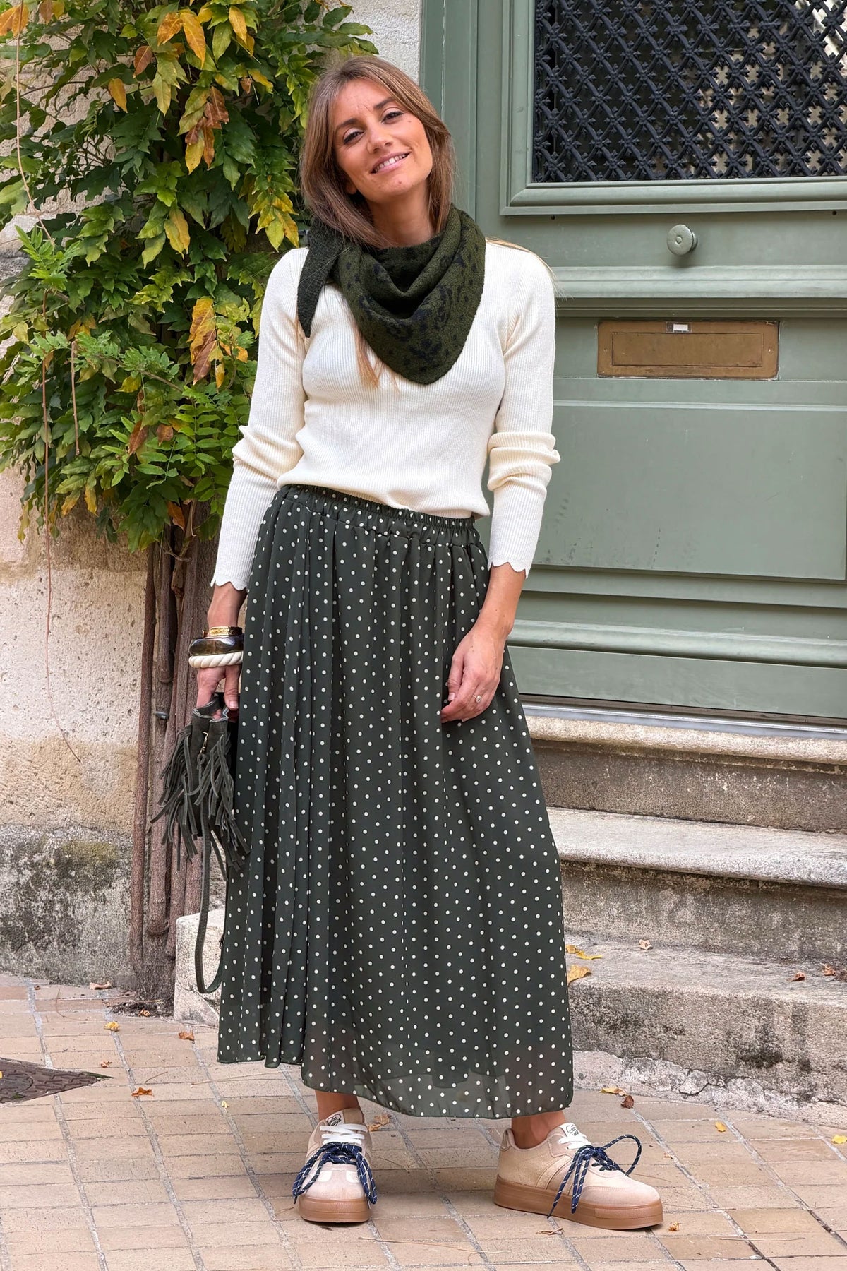 Olive Polka Dot Pull-On Skirt