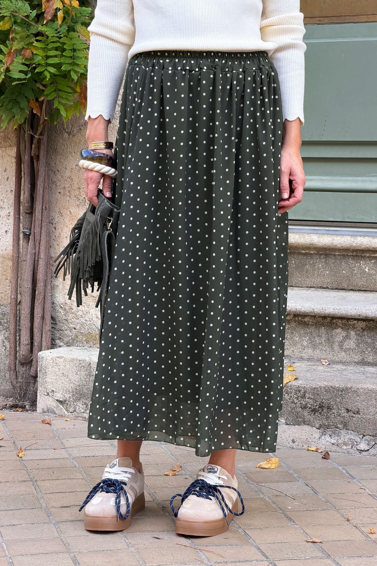 Olive Polka Dot Pull-On Skirt