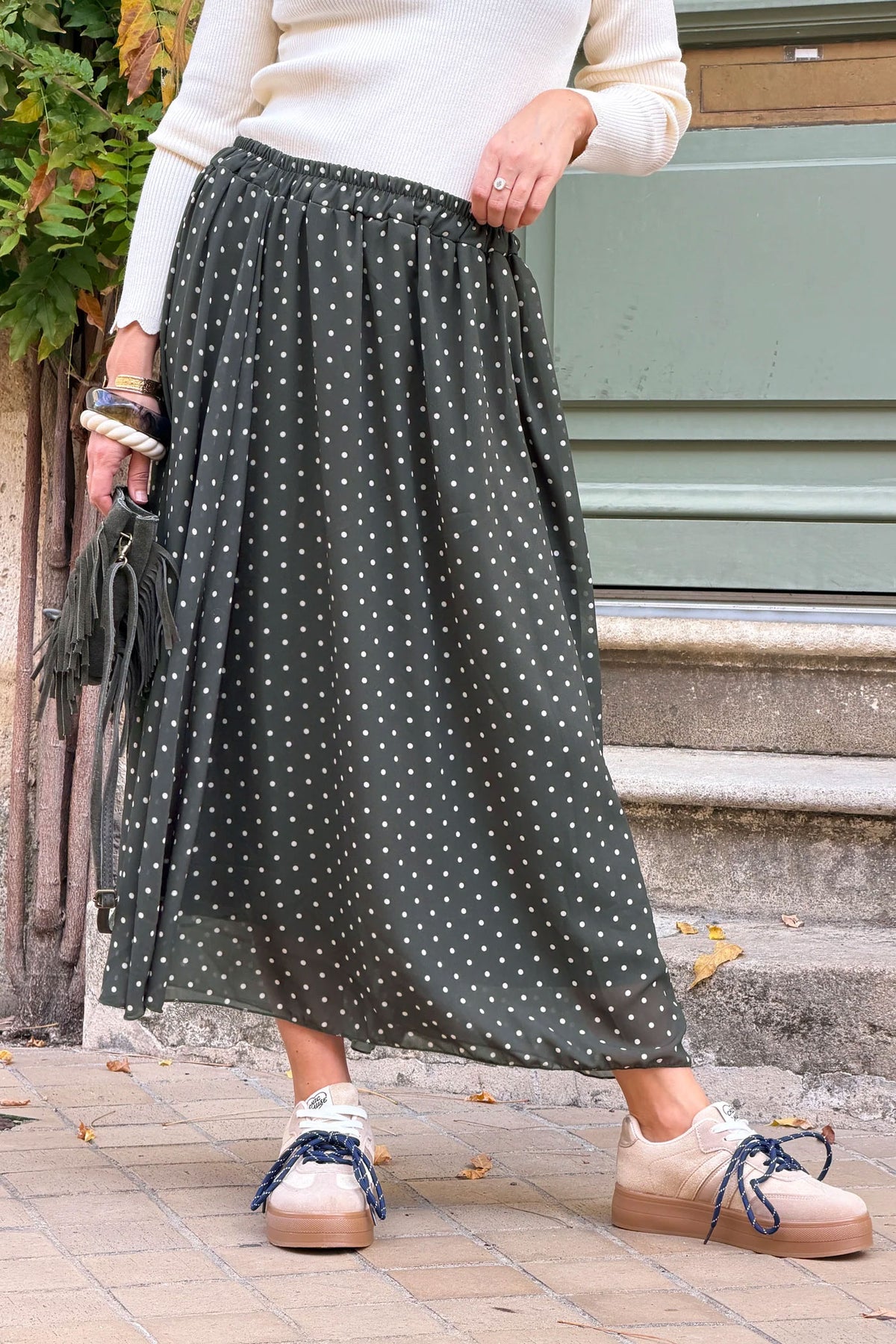 Olive Polka Dot Pull-On Skirt