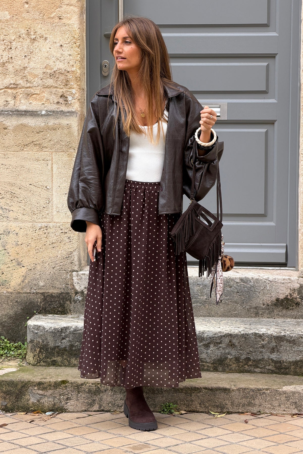 Brown Chocolate Polka Dot Pull-On Skirt

