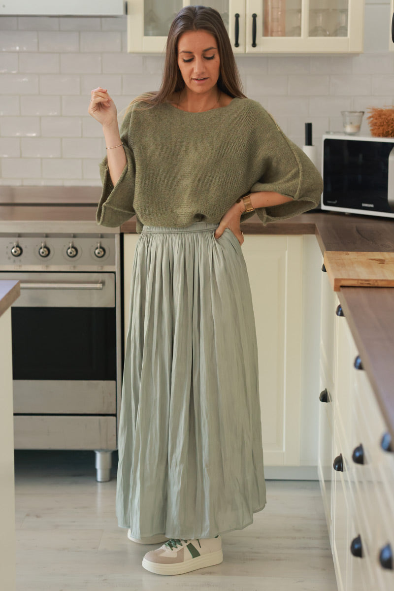 Iridescent Light olive Soft Pleated Maxi Skirt