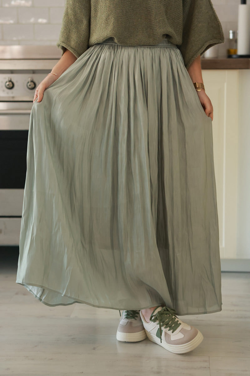 Iridescent Light olive Soft Pleated Maxi Skirt