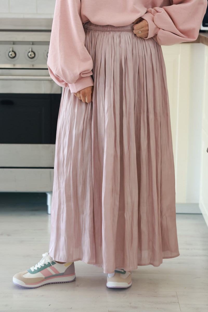 Iridescent Powder Pink Soft Pleated Maxi Skirt