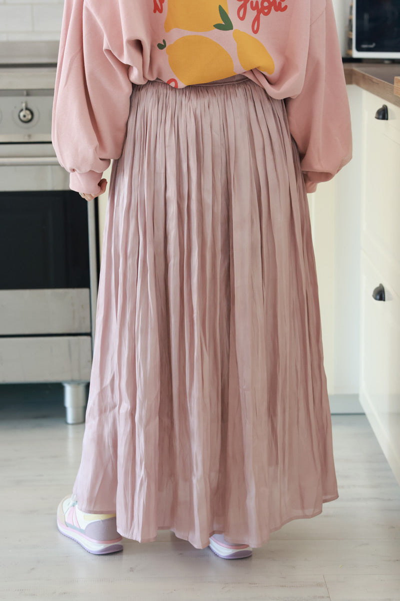 Iridescent Powder Pink Soft Pleated Maxi Skirt