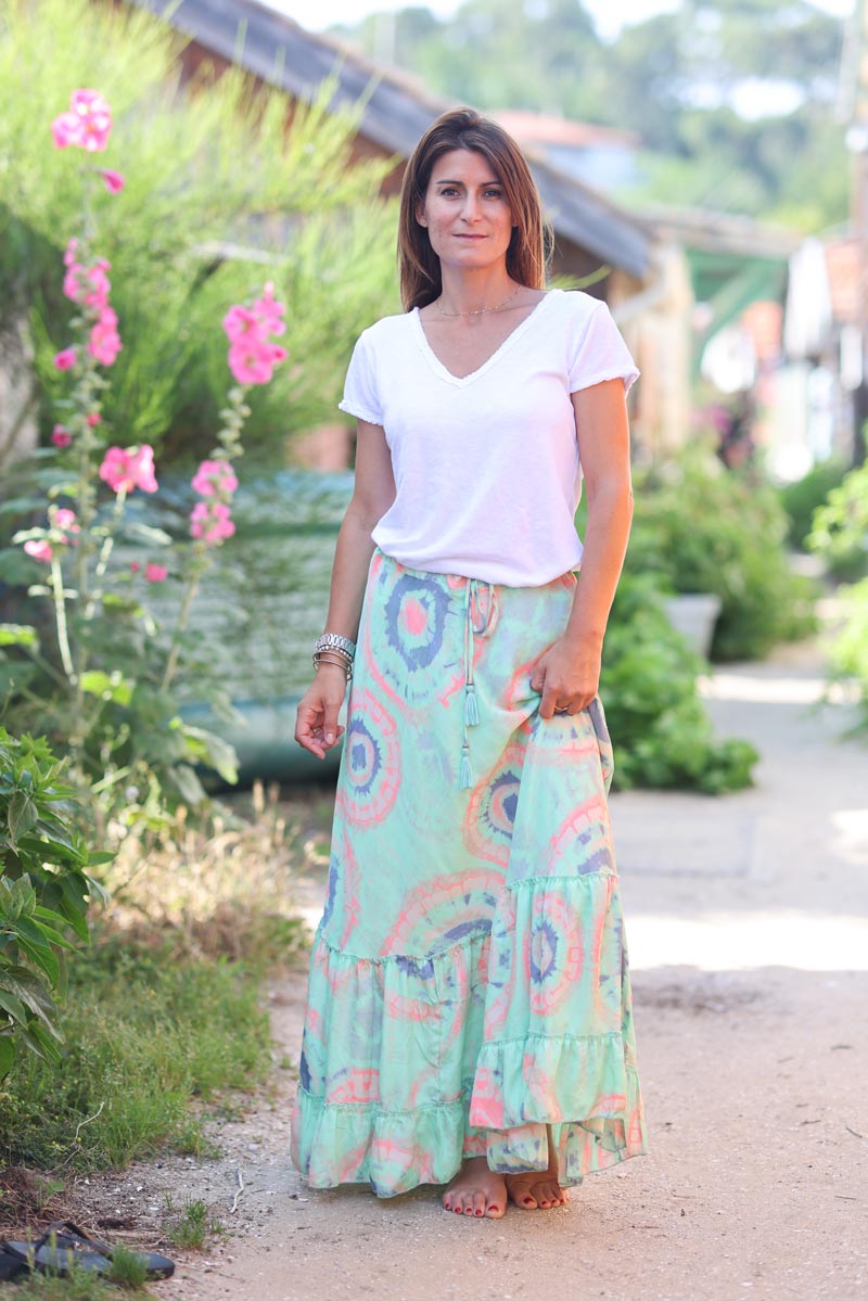 Green tie-dye tiered flare maxi skirt