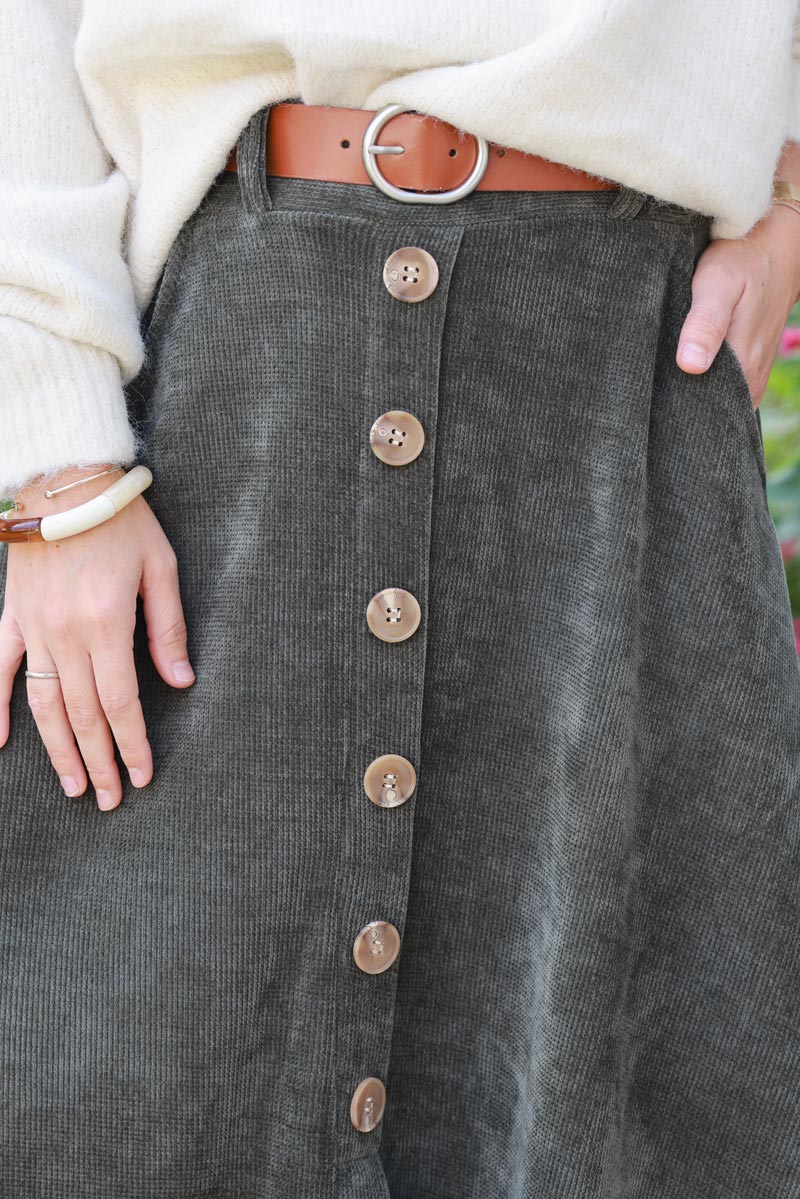 Khaki A Line Button Front Skirt