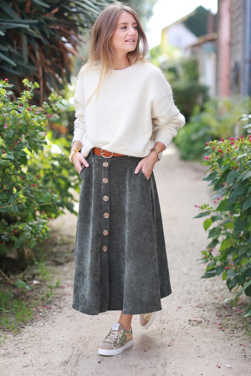 Khaki A-Line Button-Front Skirt