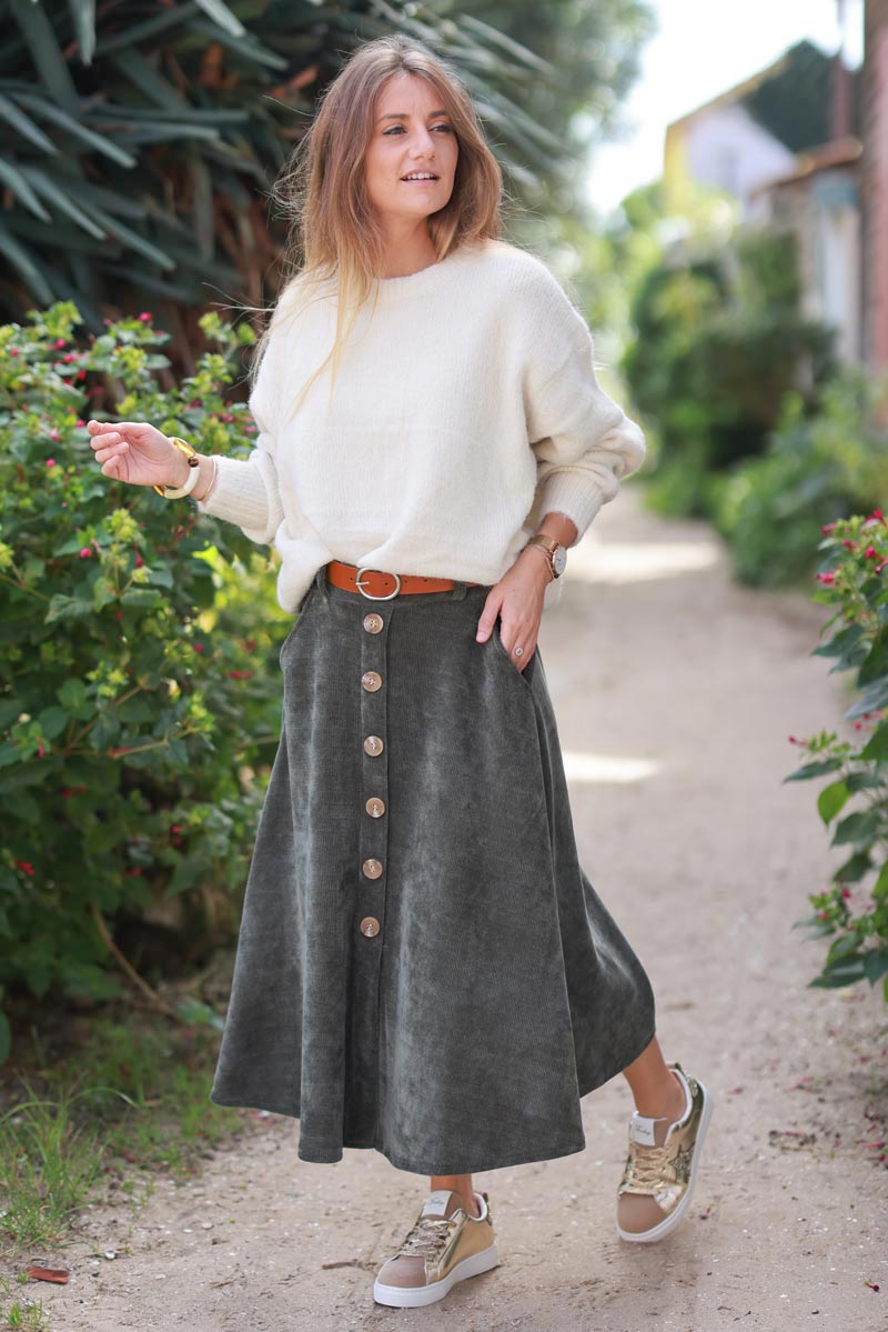 Khaki A-Line Button-Front Skirt