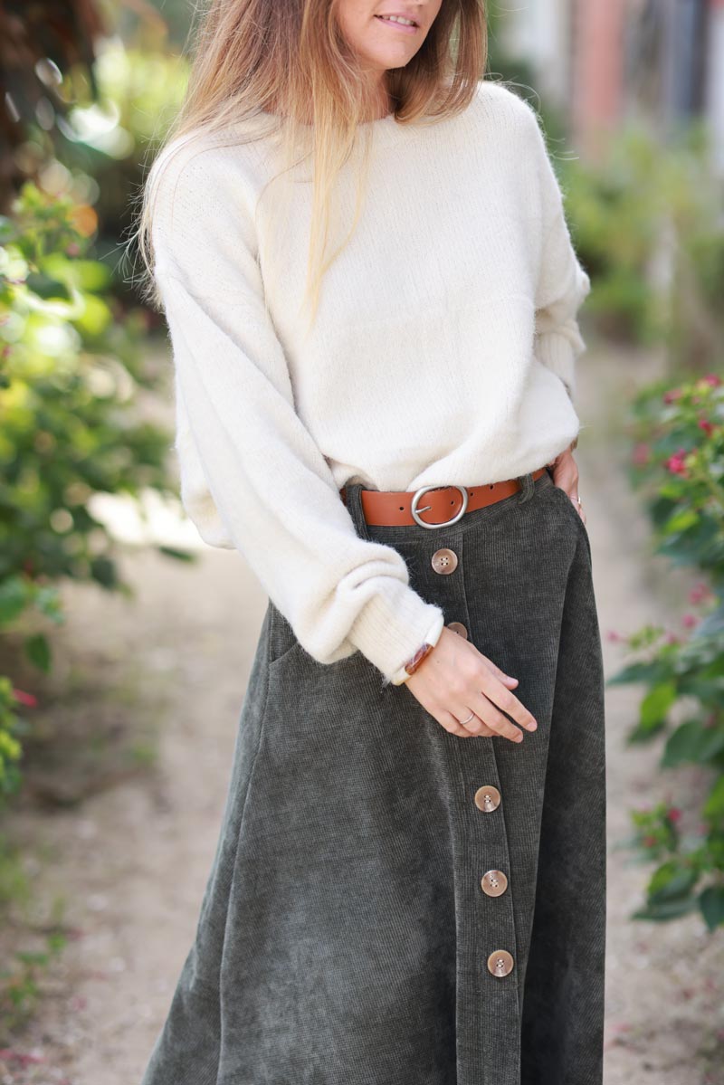 Khaki A-Line Button-Front Skirt