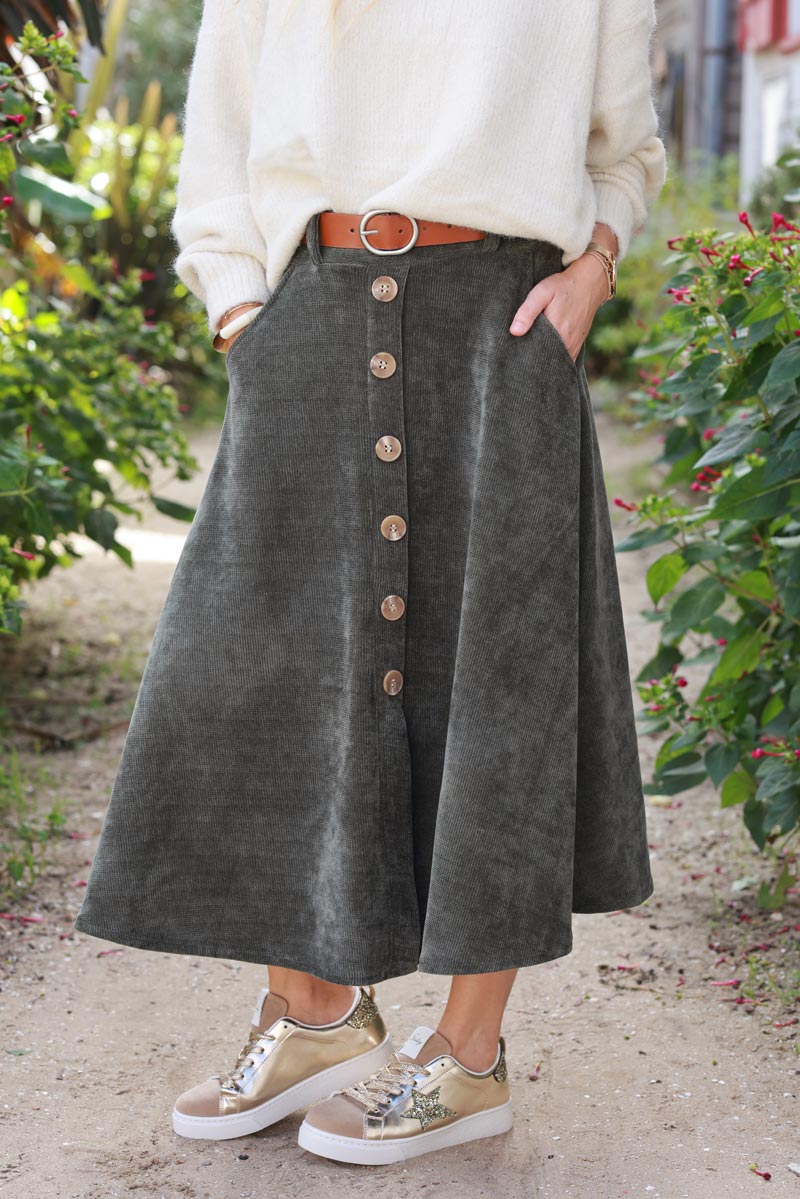 Khaki A-Line Button-Front Skirt