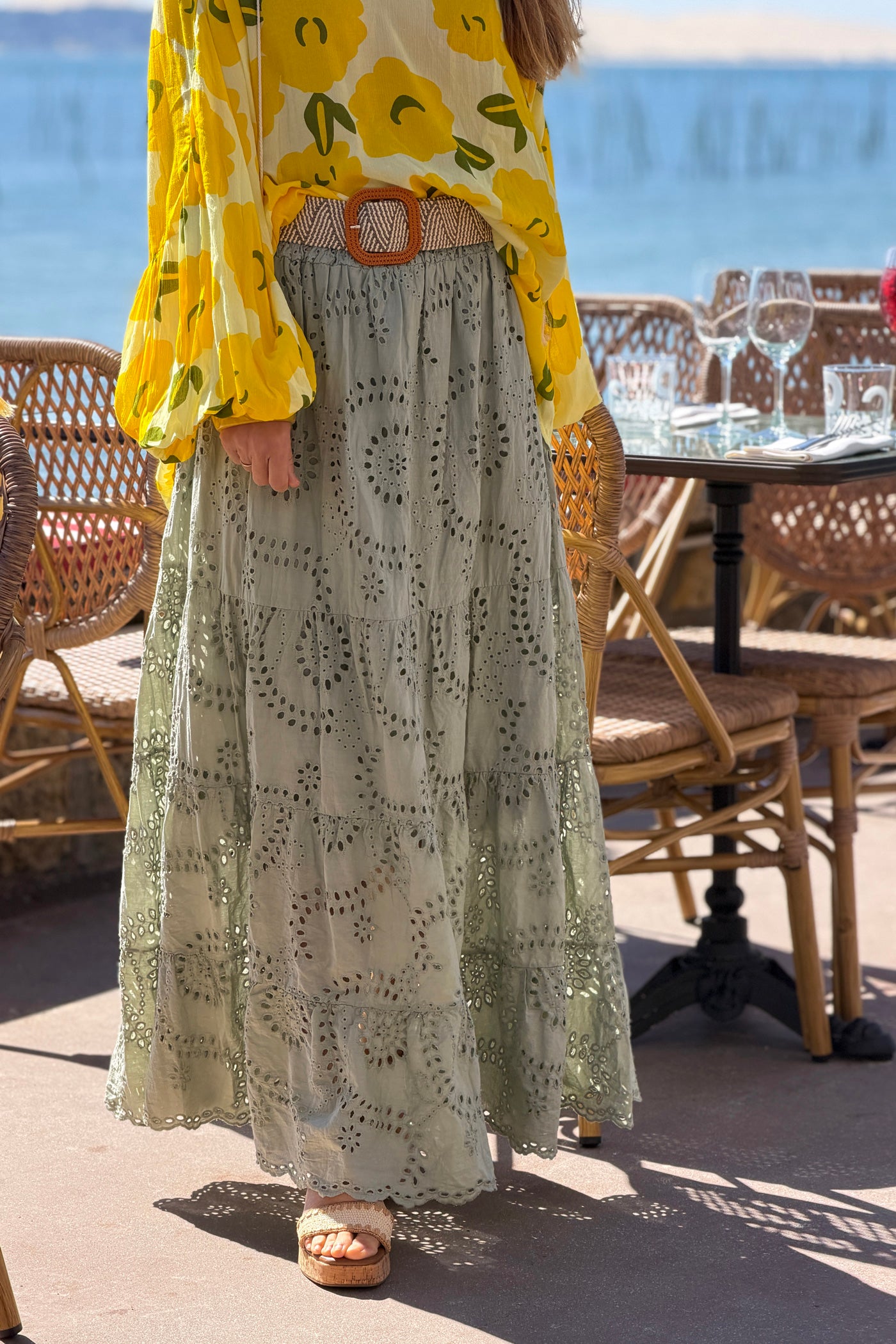 Sage Eyelet Prairie Skirt with Woven Belt