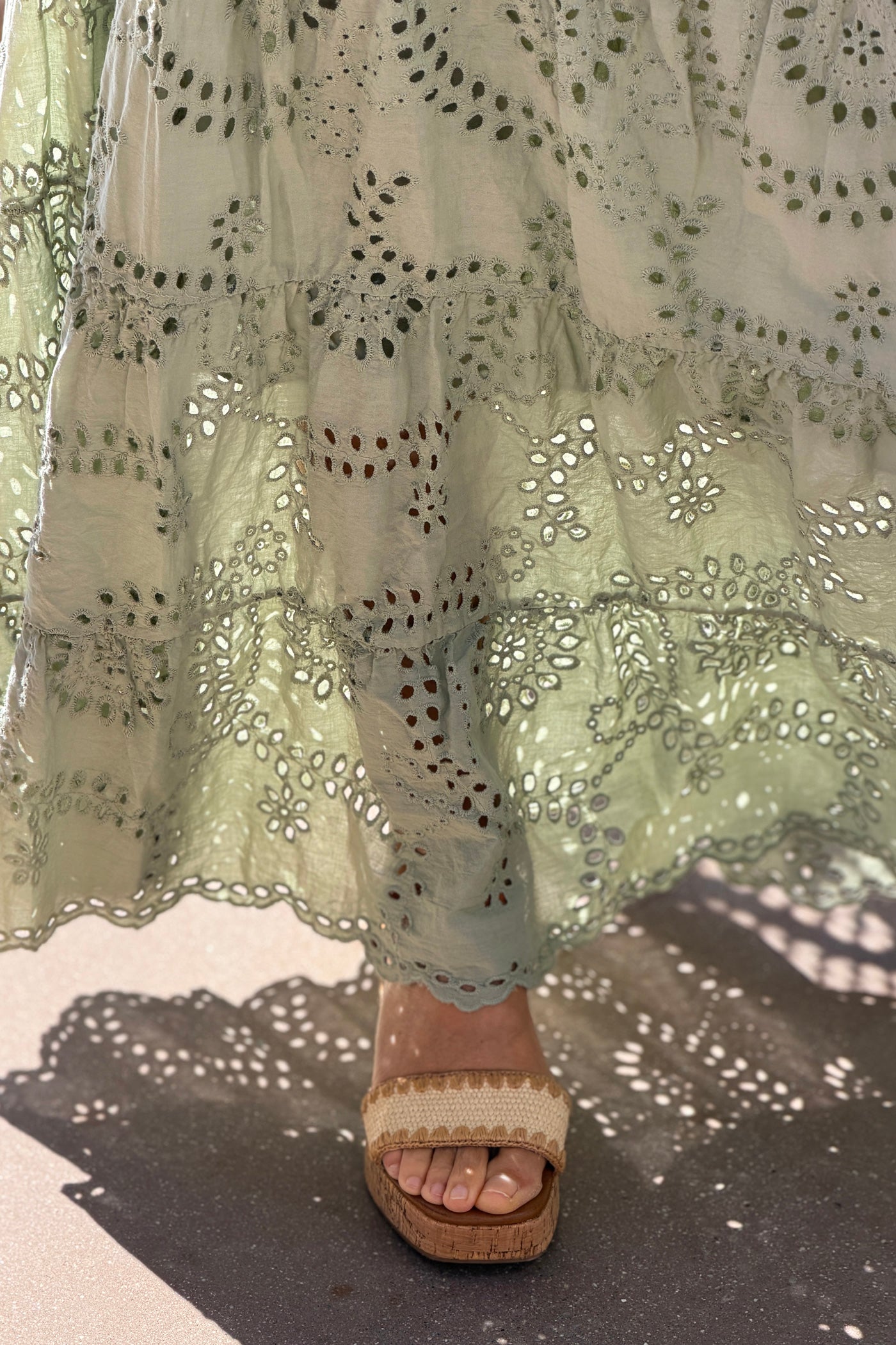 Sage Eyelet Prairie Skirt with Woven Belt