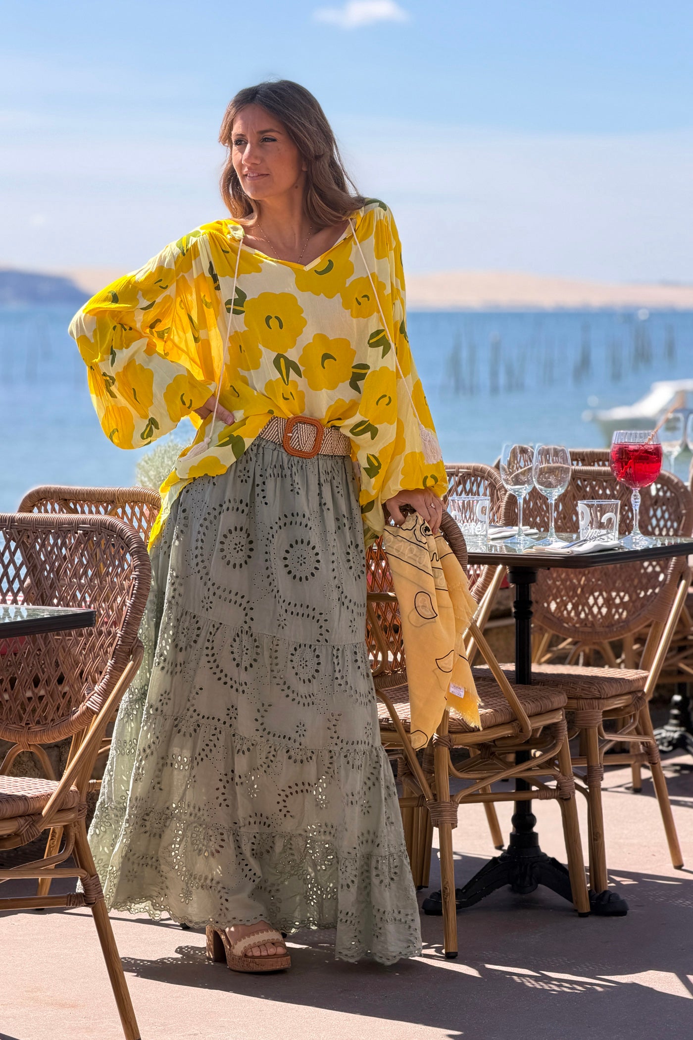 Sage Eyelet Prairie Skirt with Woven Belt