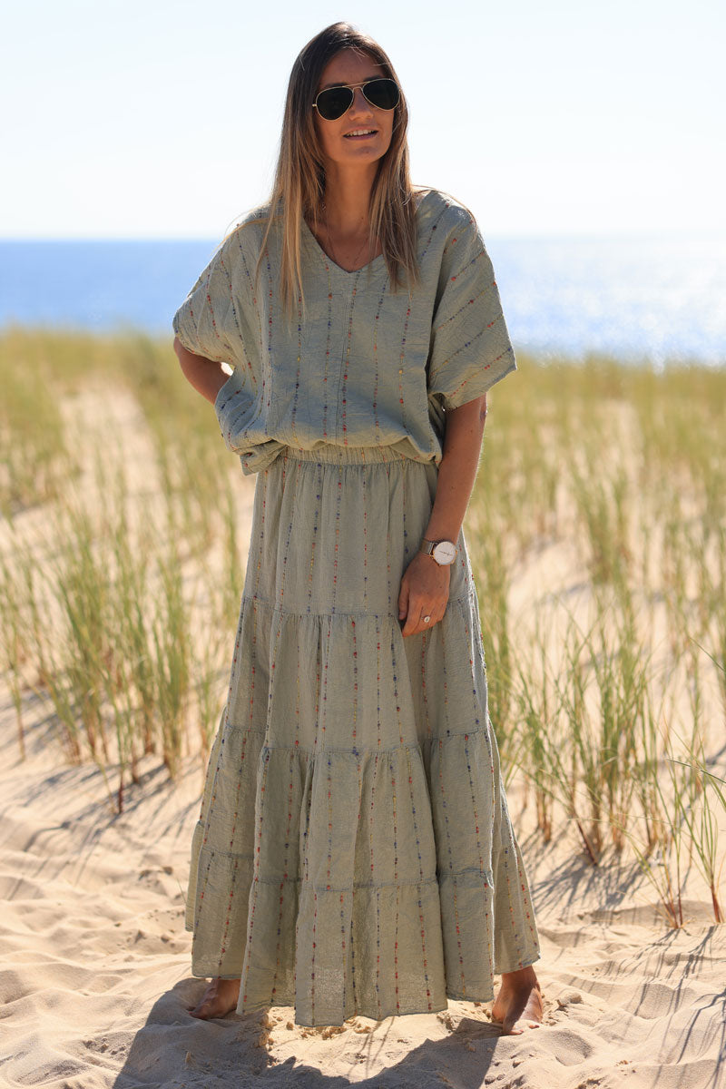 Khaki cotton and linen skirt with colored threads