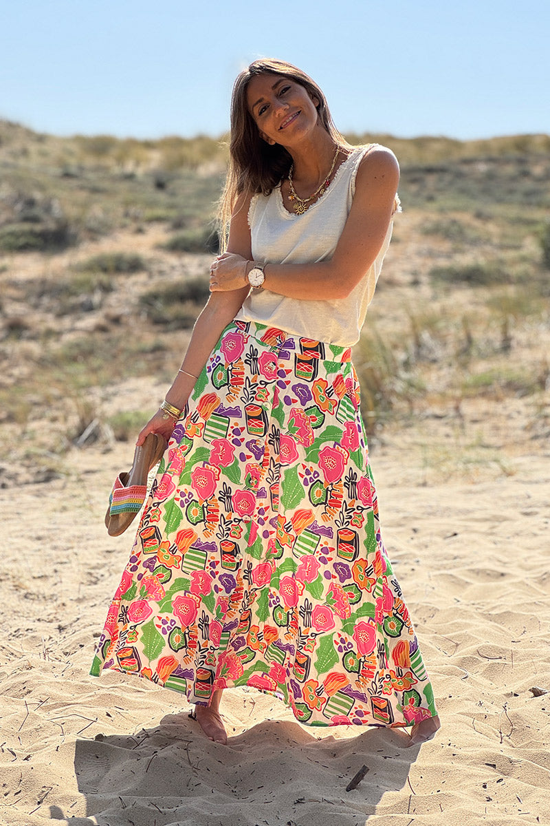 Pink and Green Floral Citrus Splash Maxi Skirt