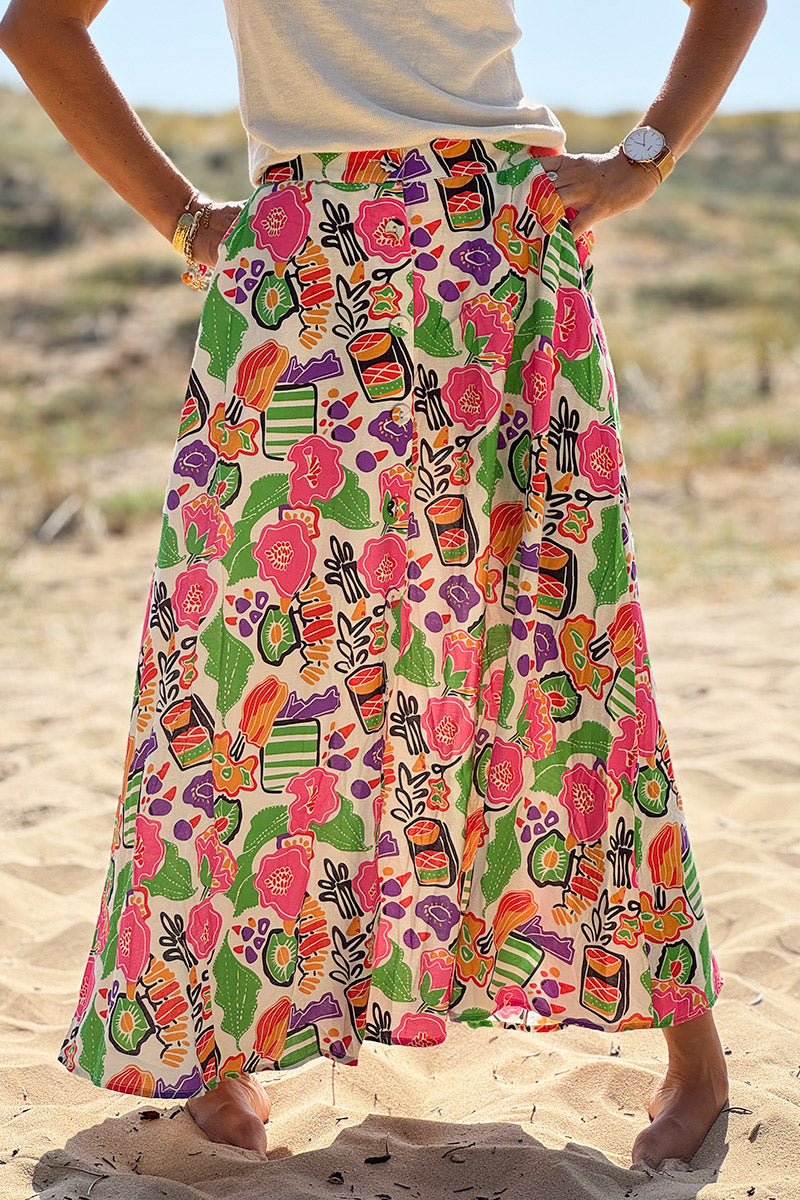 Pink and Green Floral Citrus Splash Maxi Skirt