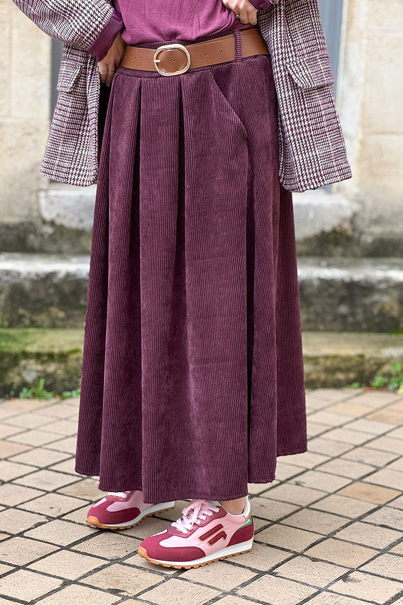 Wine Belted Corduroy Skirt