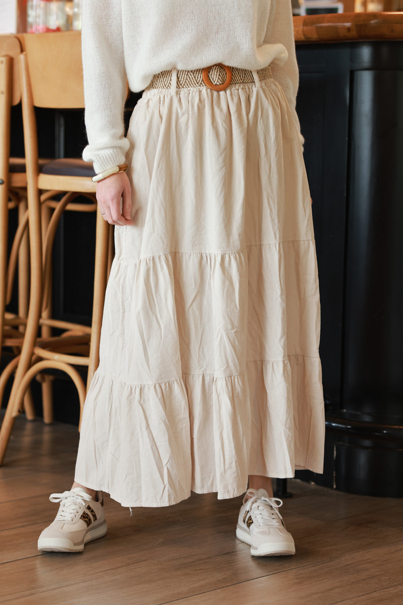 Beige Corduroy Tiered Skirt with Belt