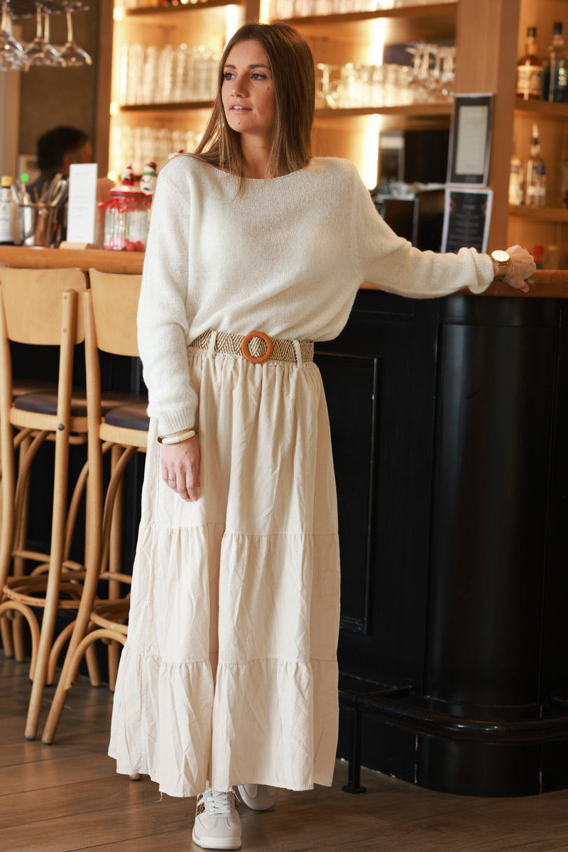 Beige Corduroy Tiered Skirt with Belt