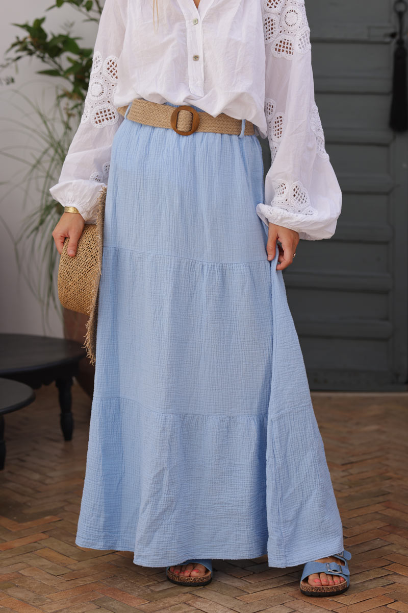 Sky blue crinkle cotton gauze tiered maxi skirt with raphia belt