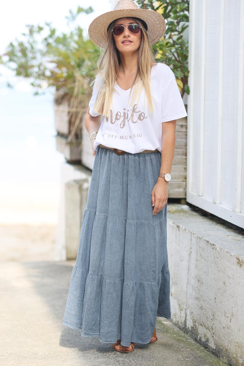 Long dusty blue cotton skirt with belt