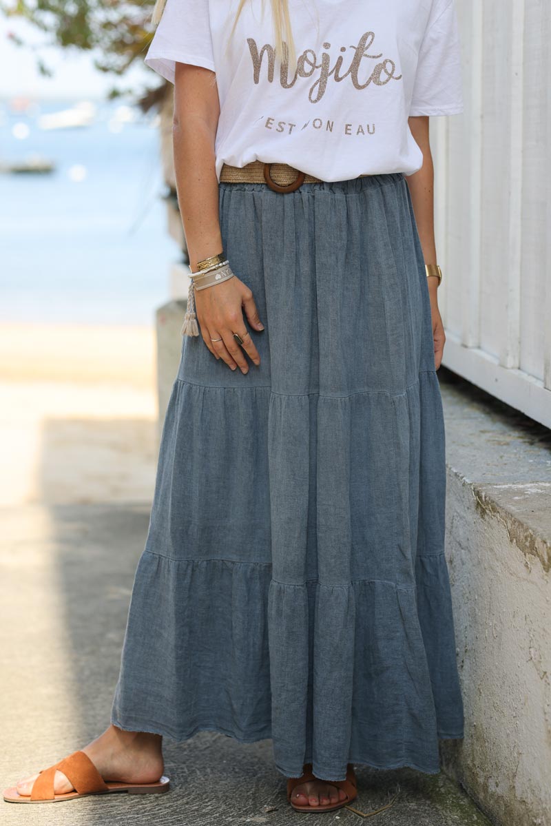 Long dusty blue cotton skirt with belt