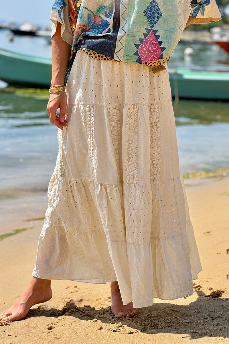 Cream Tiered Eyelet Boho Skirt 