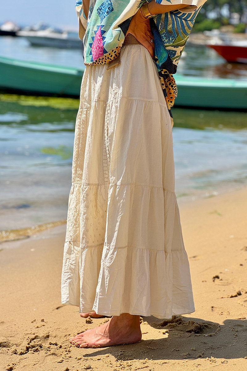 Cream Tiered Eyelet Boho Skirt 