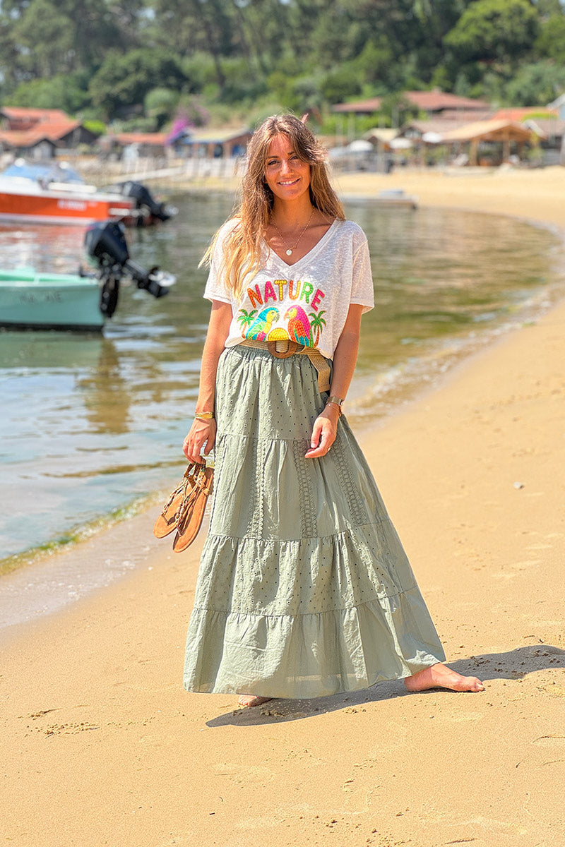 Olive Tiered Eyelet Boho Skirt 