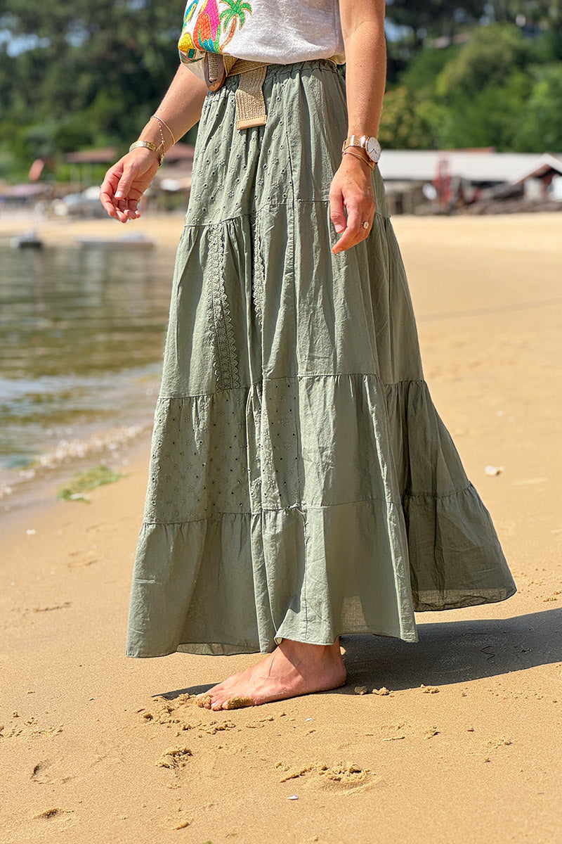 Olive Tiered Eyelet Boho Skirt 