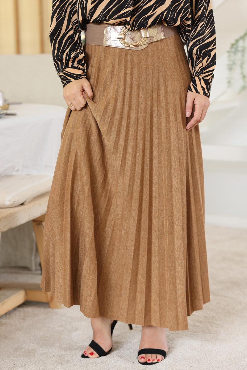 Long camel knit pleated skirt HORIZONS LOINTAINS