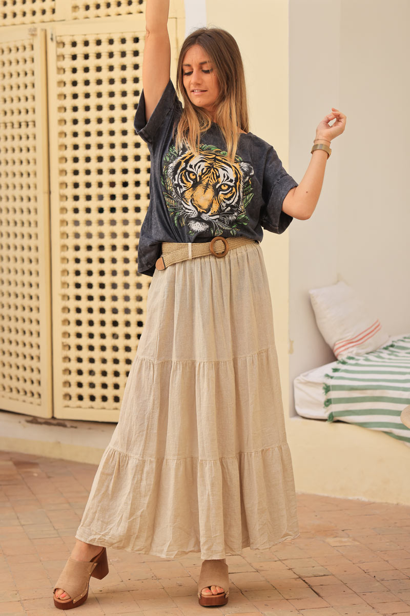 Beige brushed cotton maxi skirt with belt