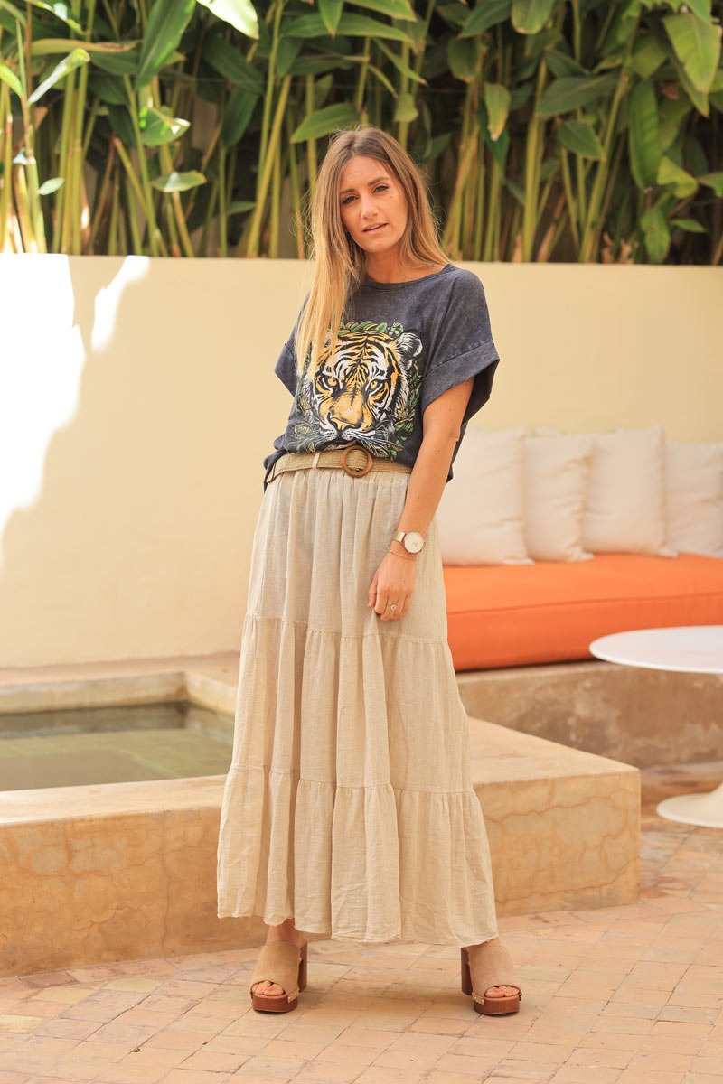 Beige brushed cotton maxi skirt with belt