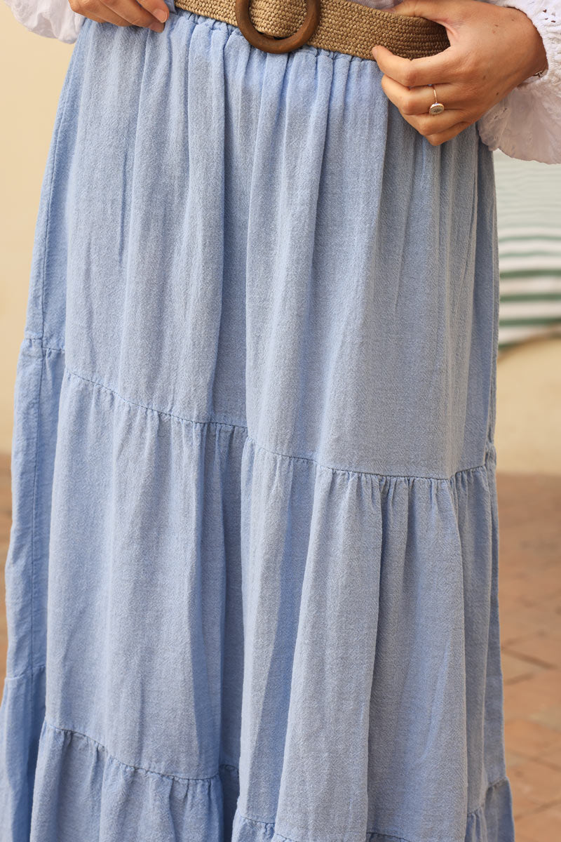 Sky blue brushed cotton maxi skirt with belt