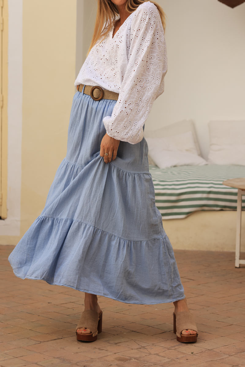Sky blue brushed cotton maxi skirt with belt