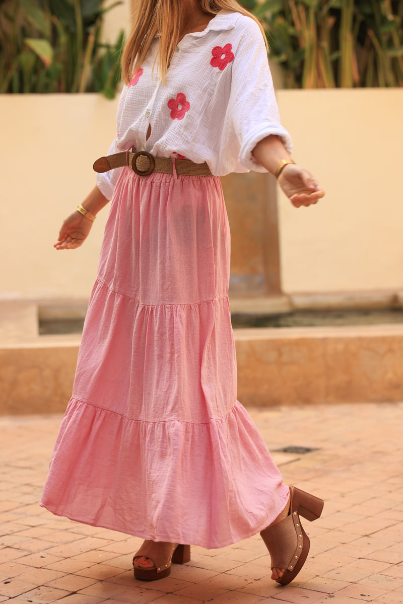 Pink brushed cotton maxi skirt with belt