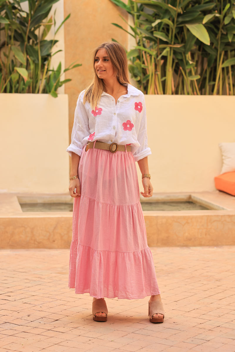 Falda larga jaspeada de algodón rosa