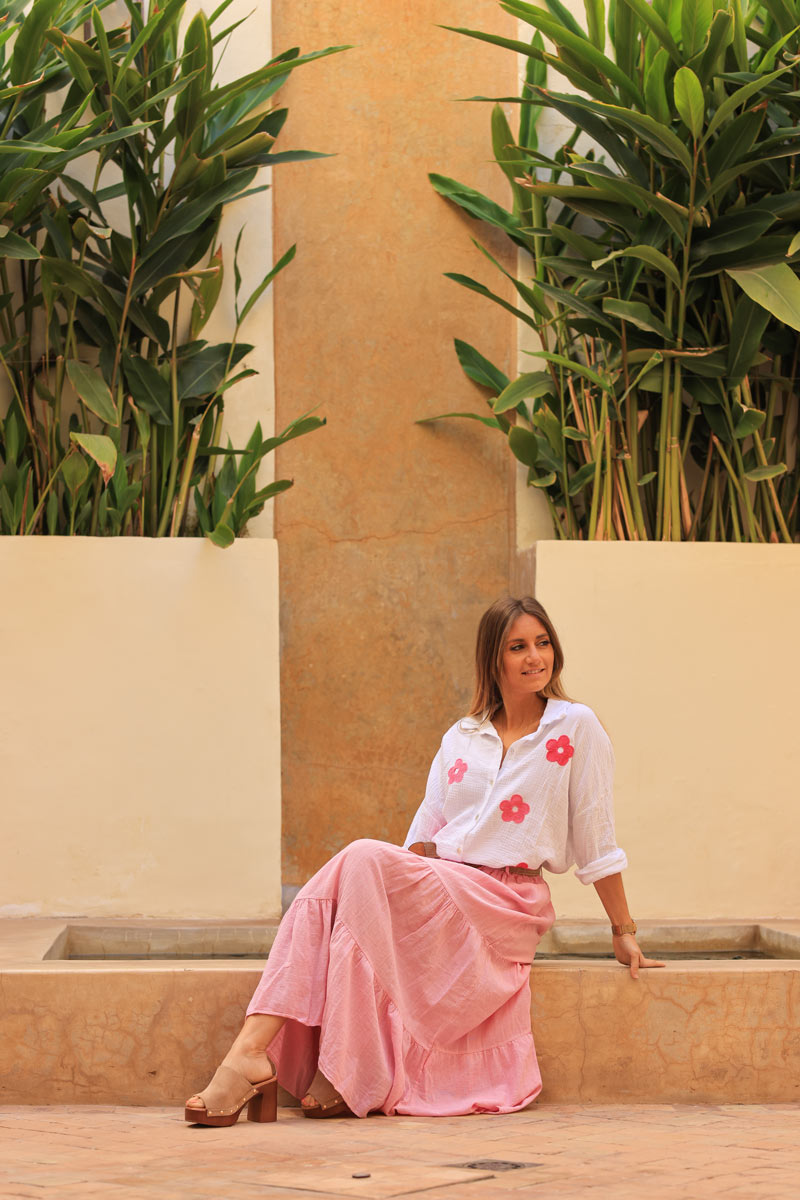 Falda larga jaspeada de algodón rosa