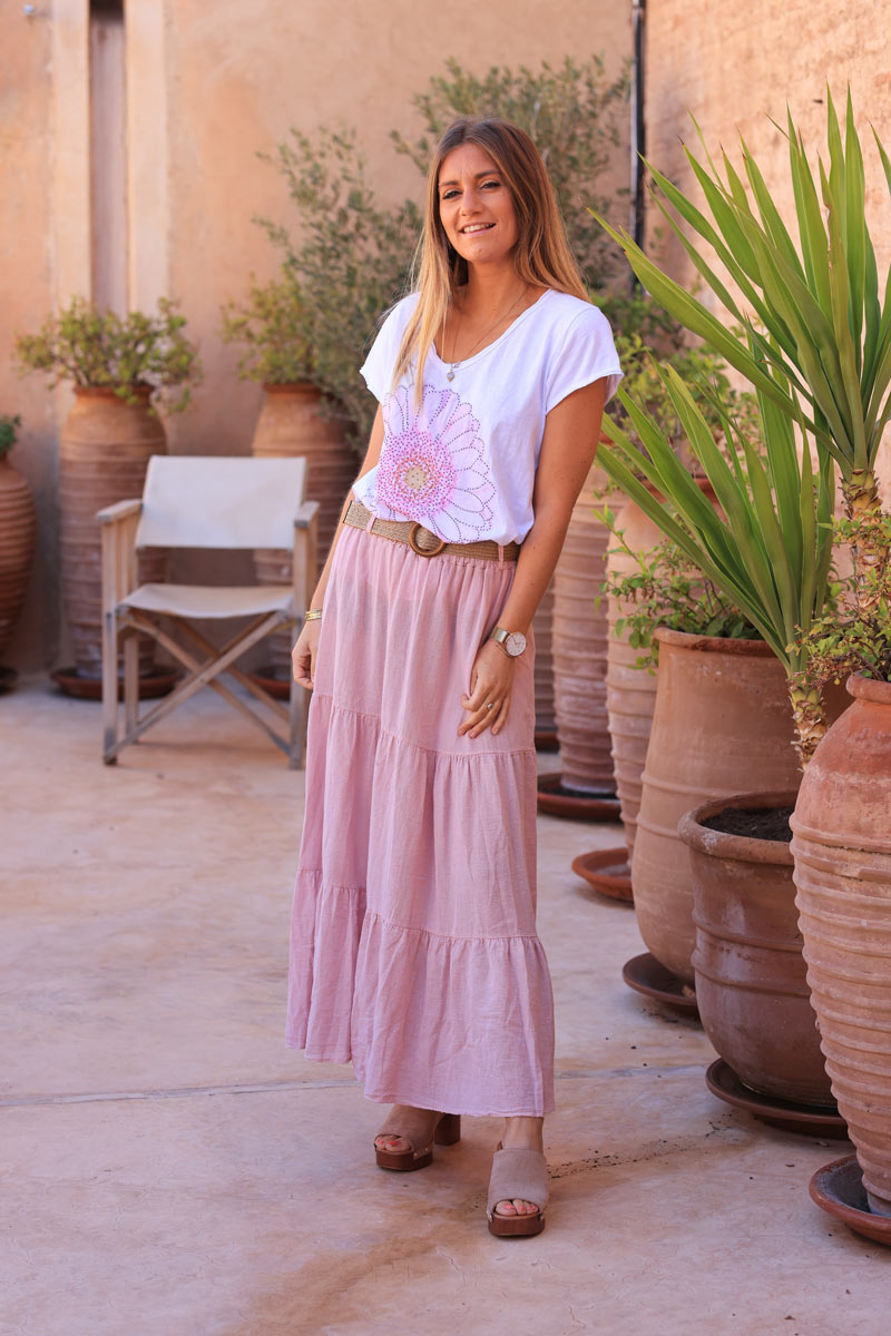 Powder pink brushed cotton maxi skirt with belt