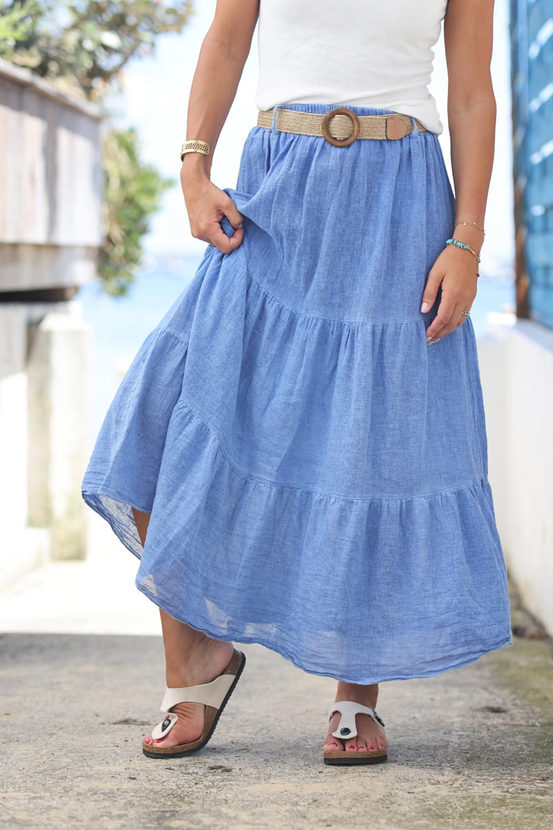 Long royal blue cotton skirt with belt