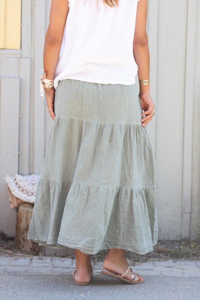 Khaki brushed cotton maxi skirt with belt