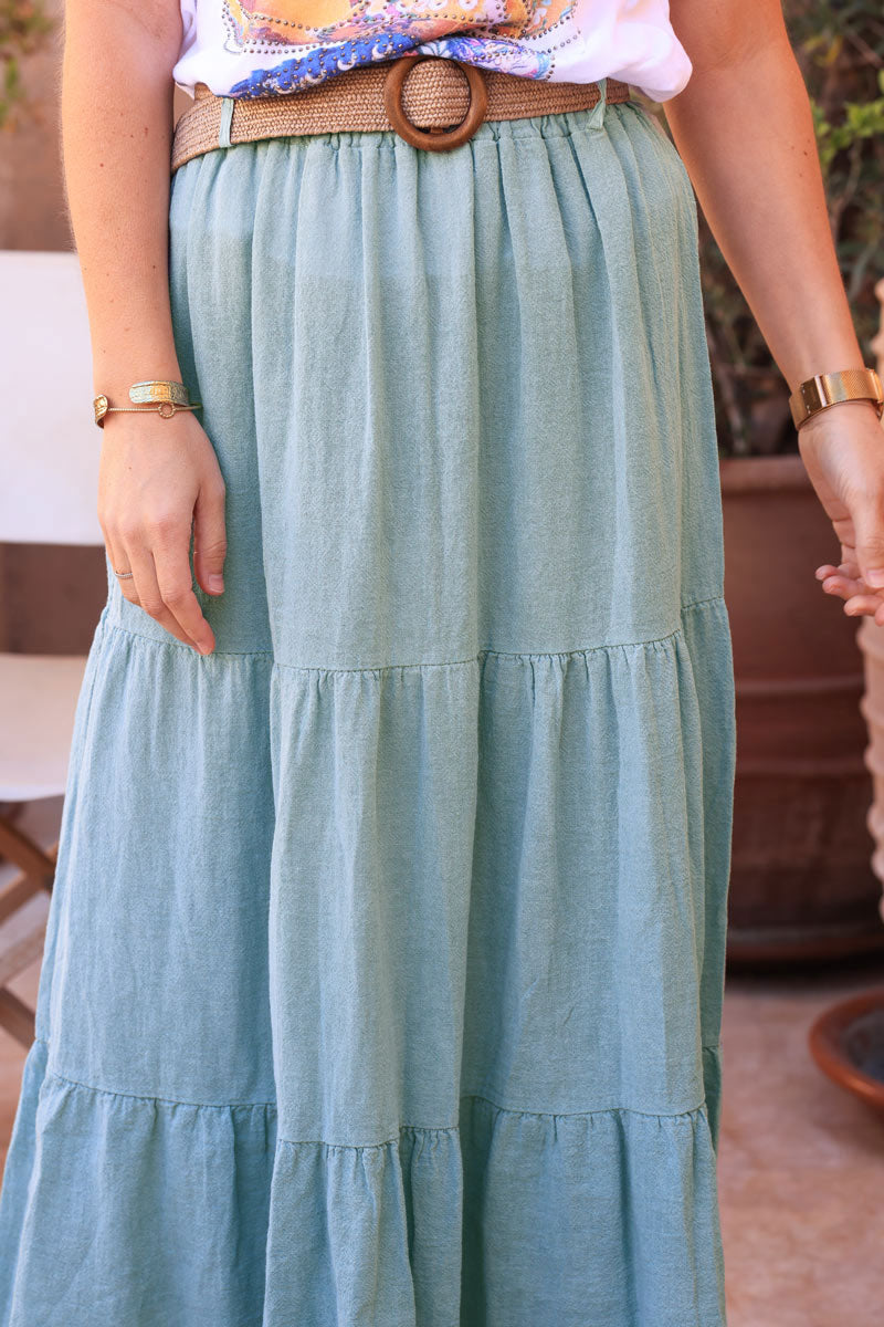Water green brushed cotton maxi skirt with belt
